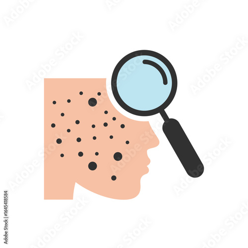 Skin Examination: An illustration of a face, partially affected by skin blemishes, is being examined closely with a magnifying glass.