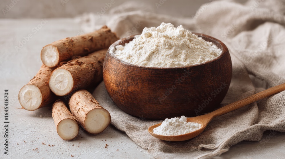 Fototapeta premium Minimalist natural cassava flour setup, perfect for recipe content