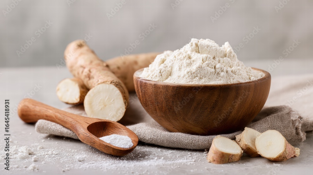 Fototapeta premium Minimalist natural cassava flour setup, perfect for recipe content
