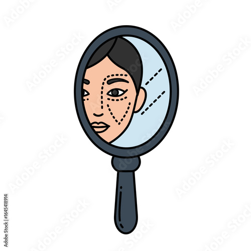 Mirror, Mirror: Illustrated woman looking in the mirror, the anticipation of transformation. The image shows the marks representing the future.