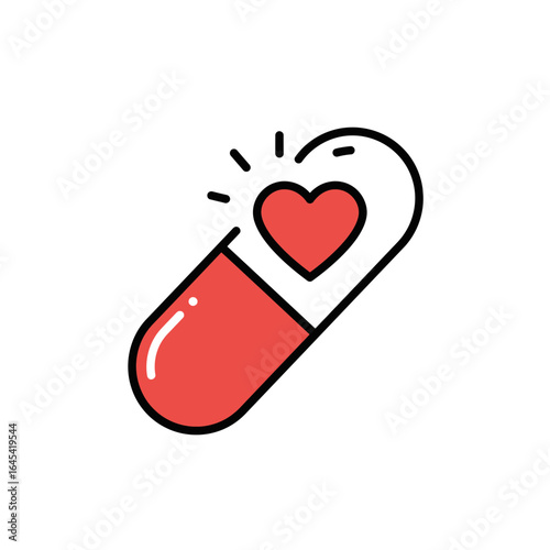 A Dose of Love: A captivating image presenting a stylized red capsule, infused with a glowing, heart-shaped emblem, which embodies the themes of wellness, care, and affection.