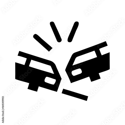 Two Cars Colliding with Crash Lines Icon – Vehicle Accident, Road Safety, Car Crash, Traffic Collision, Transportation Hazard, Insurance Claim, Emergency, and Driving Danger Symbol Design