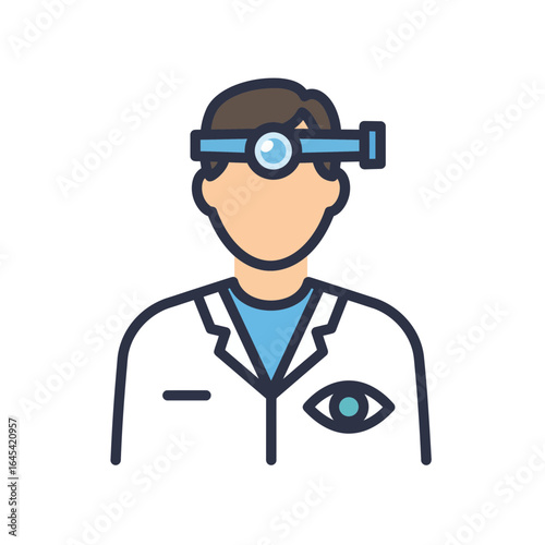 Optometrist Examining Eyes: A professional optometrist in a clean lab coat, equipped with a head-worn ophthalmoscope, meticulously examines a patient's eye.
