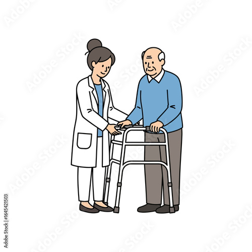 Care and Support: A healthcare professional assists an elderly individual with a walker, embodying compassion and facilitating mobility, highlighting the essence of geriatric care and supportive aid.