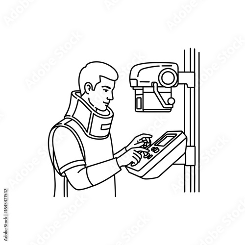 Medical Professional Operating X-Ray Equipment: A medical professional, with protective collar, operates X-ray equipment, concentrating on the controls in a detailed illustration.