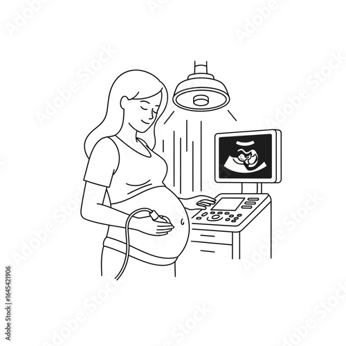 A Glimpse into Life: A tender scene of a pregnant woman, bathed in soft light, gazing lovingly at a sonogram, the delicate contours of new life visible on the monitor.