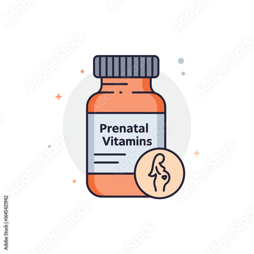 Prenatal Vitamins: a detailed illustration of a bottle filled with prenatal vitamins, vital for maternal health.