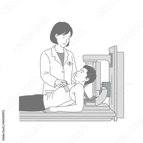 Medical Examination: A medical illustration depicts a doctor administering a breast cancer screening examination with a focus on healthcare.
