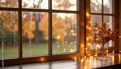 秋の雨窓辺と暖かな灯りの癒し風景

