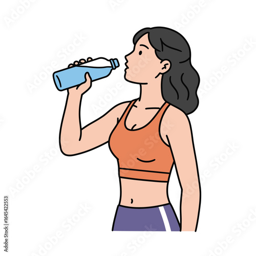 Hydration and Wellness: An illustration of a woman, with a determined and fit physique, raising a water bottle to her lips for a refreshing drink.