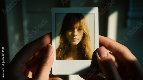 Close-up of hands holding a Polaroid photo of a woman in natural light indoors.