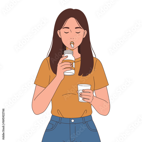 Taking Medicine: A cartoonish girl is about to swallow the medicine from its package, with a glass of water. A moment captured of a girl focused on health.