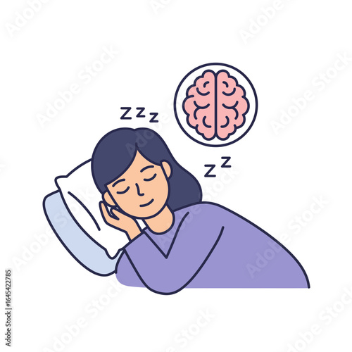 Sleeping Deeply: A woman drifts off into a peaceful slumber, visualized with gentle zzz sounds and a mental image of the brain, suggesting deep sleep and mental rest.