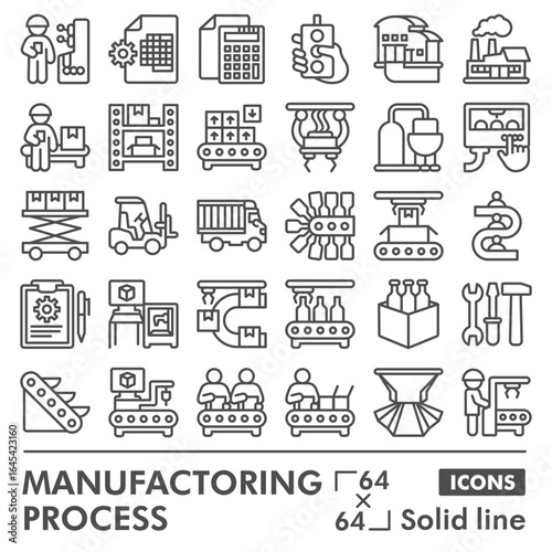 Plant work equipment solid line icon set, manufacturing technology symbols collection or sketches. Factory process linear style signs for web and app. Vector graphics isolated on white background.