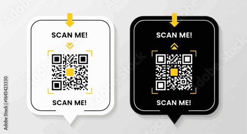 Two square QR codes with "SCAN ME!" text