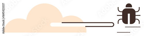 Brown bug running swiftly on pathways beside a light beige cloud. Ideal for pest control, agility, speed, minimalism, software debugging, escape, environmental awareness. Simple flat metaphor