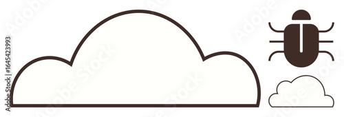 Large outlined cloud next to a black bug icon and a small cloud, representing data security threats, cloud vulnerabilities, software bugs, and digital technology challenges. Ideal for cybersecurity