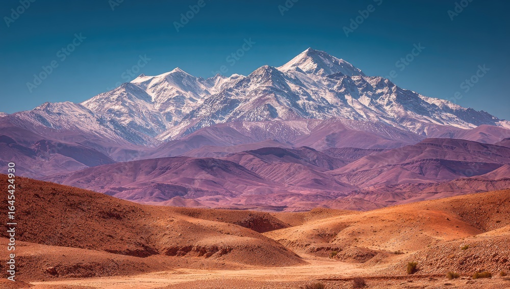 Fototapeta premium Majestic snow-capped mountain range dominates a vibrant desert landscape under a clear blue sky; rolling hills of reddish-brown contrast with purple-hued mountains in the mid-ground