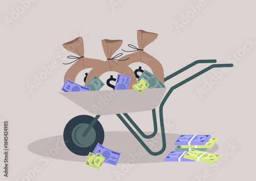 Captivating representation of wheelbarrow filled with bagged cash showcasing the concept of wealth and prosperity in a creative design