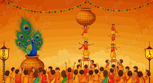 Celebration of Krishna Janmashtami: Depiction of Dahi Handi and Peacock Theme