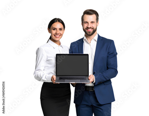 Professional business team holding a laptop. smiling man and woman isolated on a transparent background.