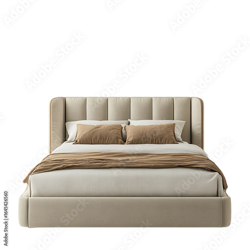 Cozy Minimalist Bed With Beige Bedding and Cushio