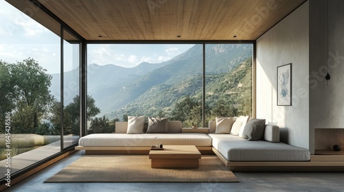 Modern minimalist living room with mountain view