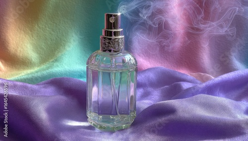 Wallpaper Mural A clear glass perfume bottle with a silver spray nozzle sits on iridescent purple fabric, emitting a wisp of fragrant vapor against a pastel rainbow backdrop Torontodigital.ca