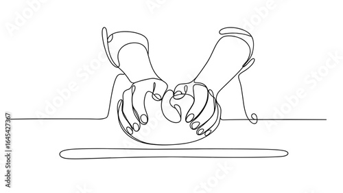 Hands kneading dough continuous line drawing vector illustration