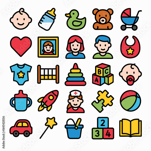 Baby essentials icons display collection against white backdrop
