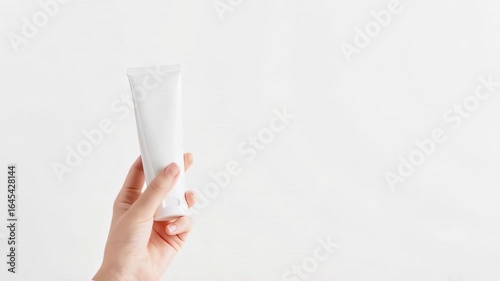 A woman's hand holds a white tube of cream and rotates it in her hand. Natural skin care product for face, hands and body