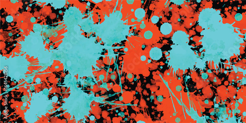 Abstract splatter paint background featuring vibrant teal and orange paint splatters on a black canvas creating a striking artistic design for various uses.