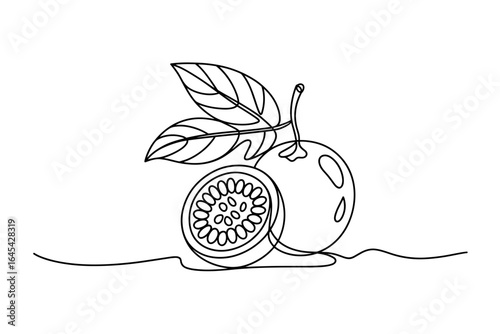 Whole and half passion fruit continuous line drawing vector illustration