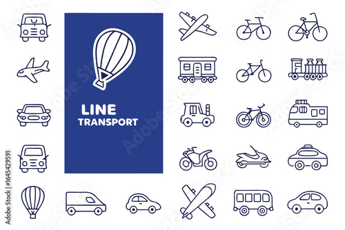 Vector art of a collection of line icons representing various modes of transportation on a white background