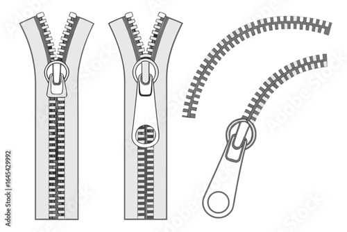 Illustration of zippers with different designs and styles isolated on white background