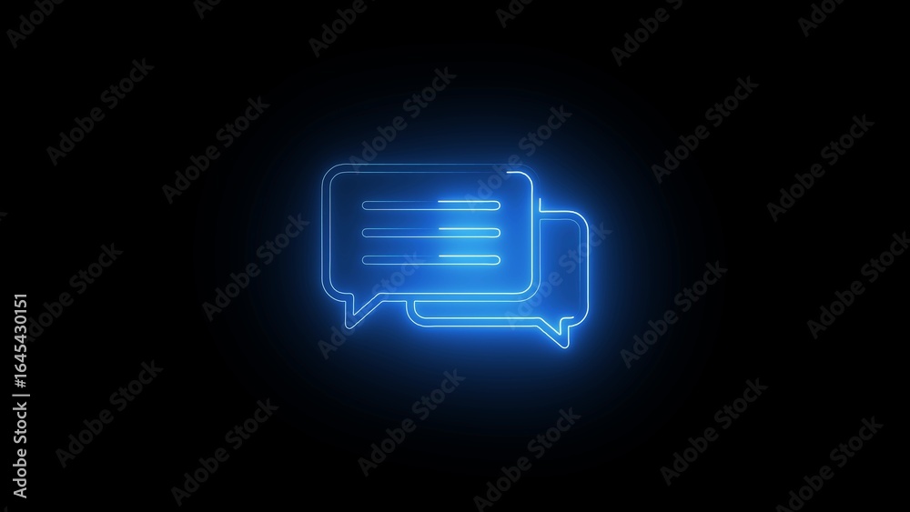 Glowing blue neon speech bubble icon with horizontal lines on black background chat communication Glowing blue neon speech bubble icon with horizontal lines on black background chat communication