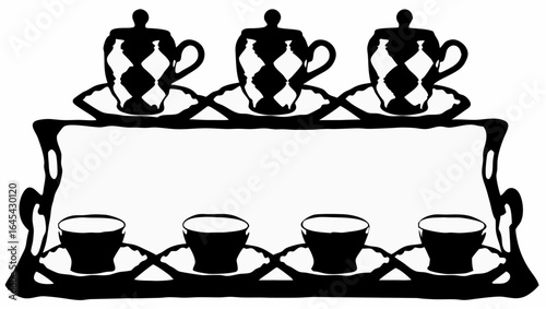 Illustration of a tray holding three harlequin pattern cups and four plain black cups with saucers