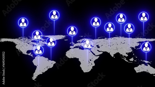 Global network of people icons connected on world map with blue neon glow human resources connections