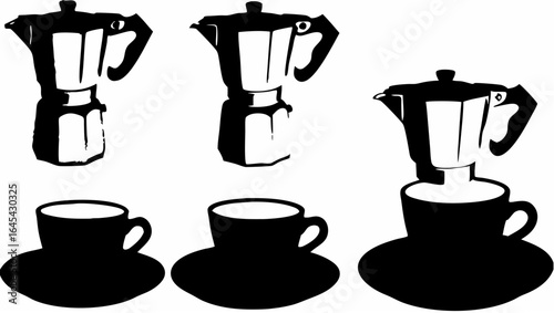 Three moka pots and cups in black and white illustration showing coffee preparation process steps