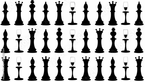 A repeating pattern of black chess pieces and champagne flutes arranged in neat rows on a white background