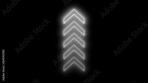 White Neon Chevron Arrows Pointing Upward Against Black Background direction