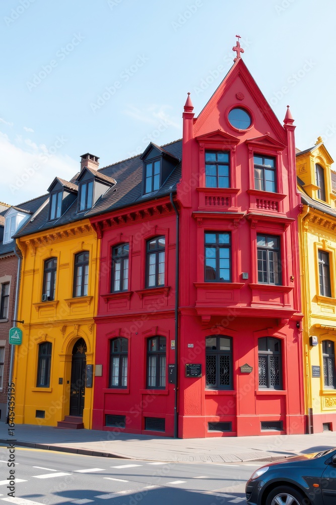 Obraz premium Vibrant Red and Yellow Facade of a Historic Building Corner in a Urban Setting