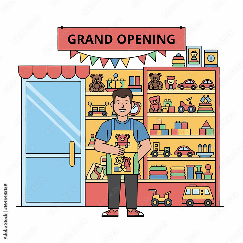 Obraz premium Happy toy store owner welcomes customers to grand opening celebration today
