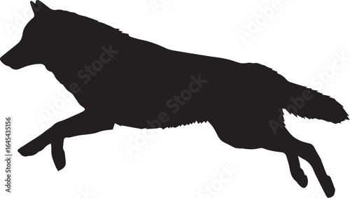Running wolf silhouette, black wolf running vector, mountain wolf howling at moon, grey tones wildlife art, wolf pack hunting in forest,