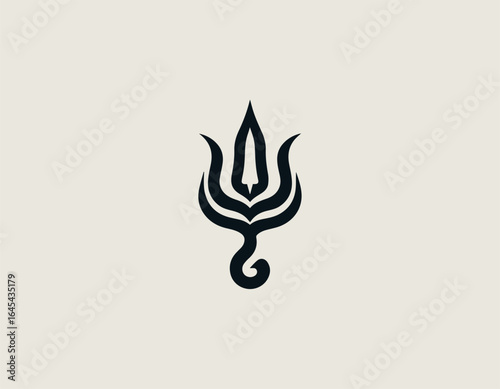 Sacred Hindu trishula trident symbol in minimalist black vector design with spiritual significance