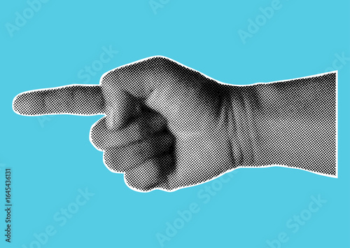 Retro halftone pointing hand gesture on blue background in black and white retro halftone vector.