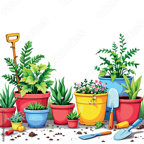 Vsai colorful gardening tools and plants forming a bottom border