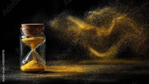 A glass hourglass with golden sand, dramatically depicted against a dark background; sand flows out in a dynamic, swirling motion, creating a sense of time's fleeting nature