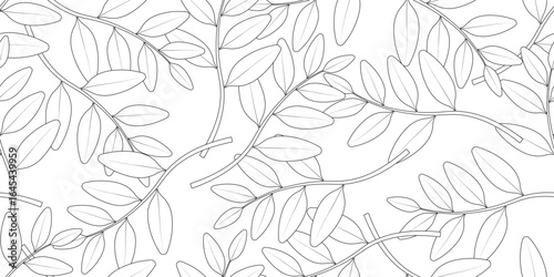 Seamless pattern of abstract botanical coca leaves with thin outlines on white background, vector art