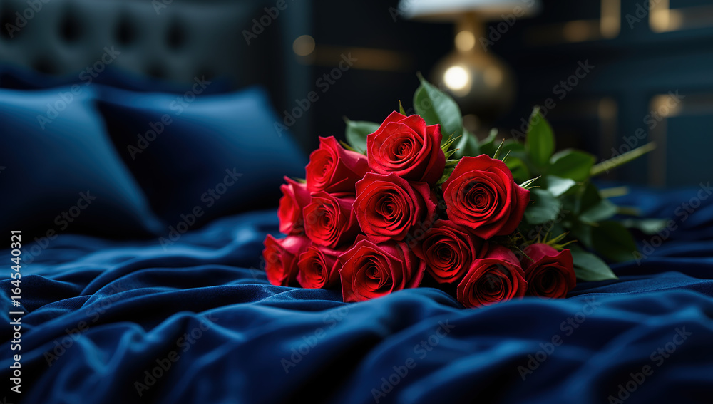 Fototapeta premium Romantic and sensual bouquet of long-stemmed red roses on a deep blue velvet bed in a luxurious bedroom, representing passion, intimacy, love, and elegant special occasions, valentine's day